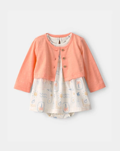 Baby Girl 2-Piece Beach Cardigan & Bodysuit Dress Set - Orange/Ivory