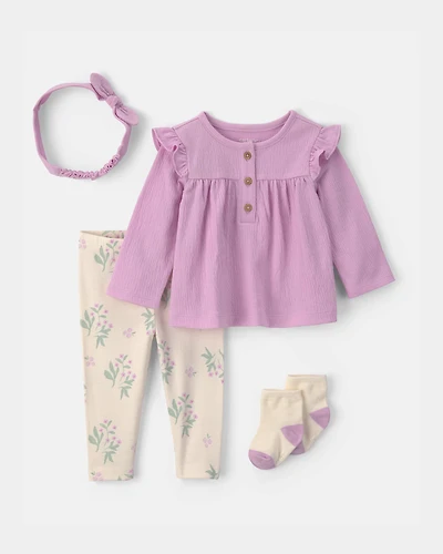 Baby Girl 4-Piece Long-Sleeve Top & Pant Set - Purple