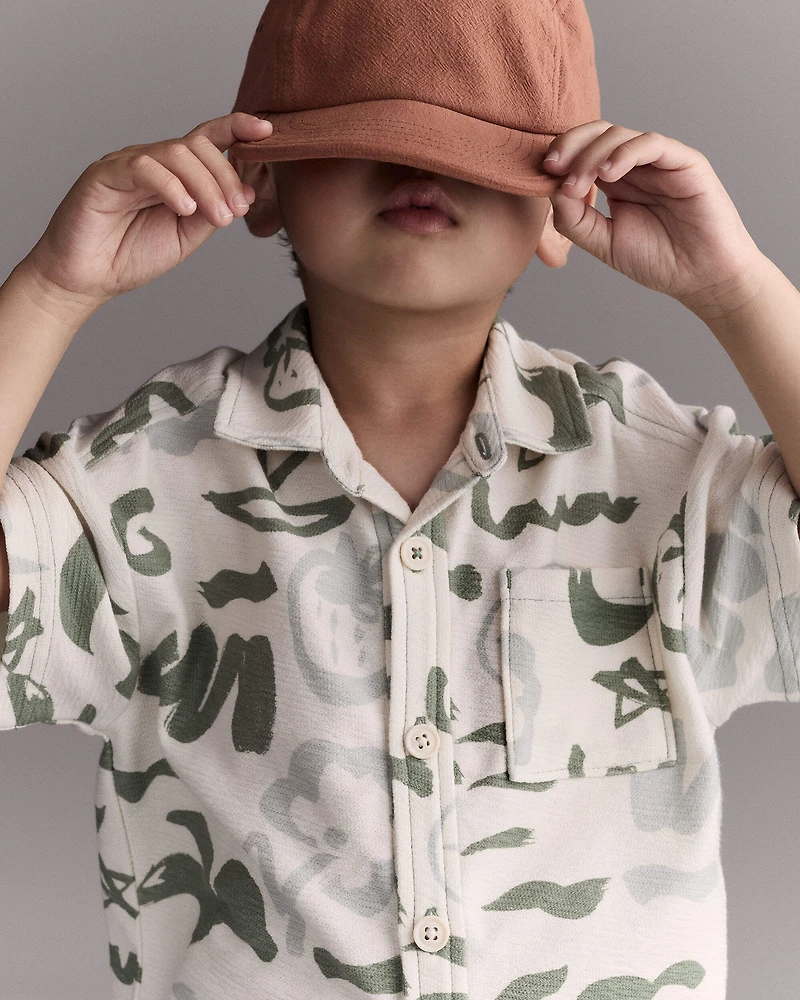Toddler Boy Button-Down Short Sleeve Shirt Sailboat Print - Cream