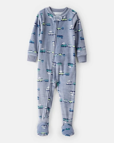 Toddler Boy Train DreamPlush Long-Sleeve Snug Fit 1-Piece Pajamas - Blue/Grey