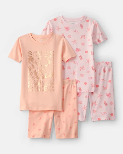 Girls Seashells 100% Cotton Short-Sleeve Snug Fit 4-Piece pyjama Set - Pink/Orange