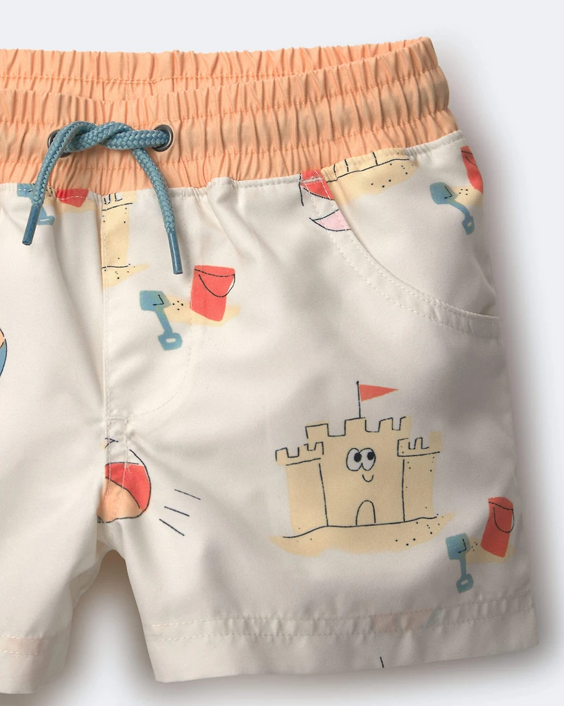 Toddler Boy Swim Trunks Sandcastle Print - Cream