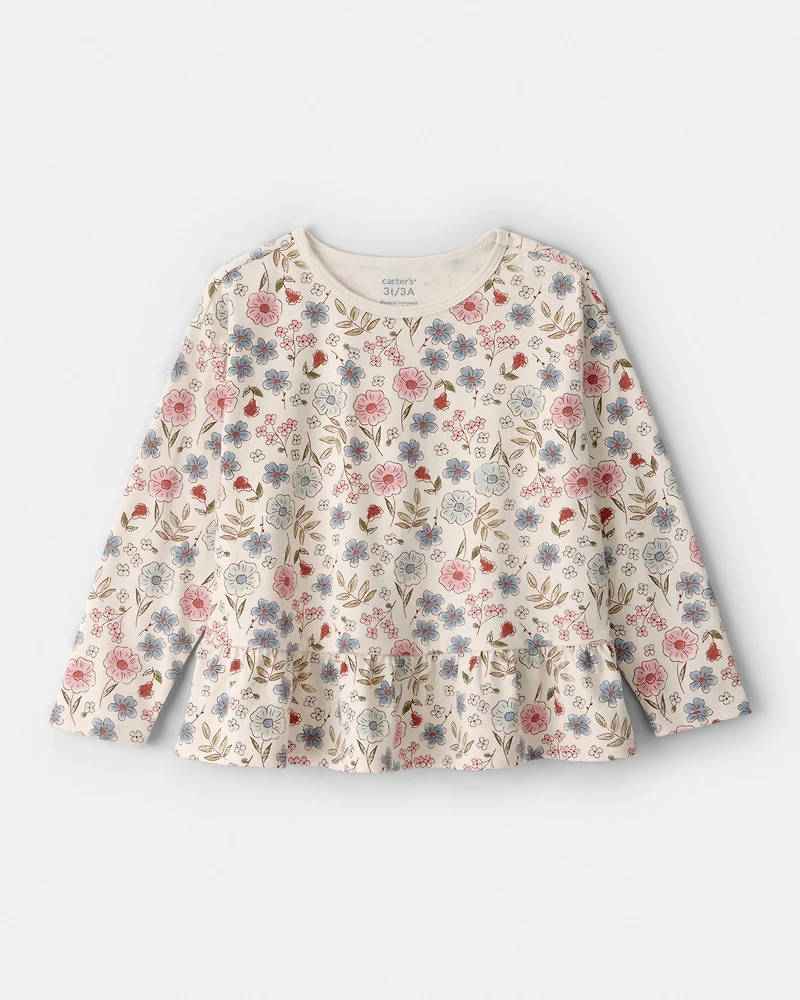 Toddler Girl Floral Print Long Sleeve Top - White