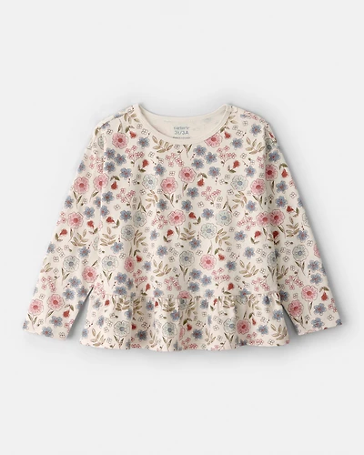 Toddler Girl Floral Print Long Sleeve Top - White