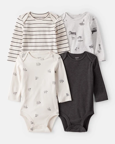 Baby Boy 4-Pack Sheep Print Long-Sleeve Multipack Bodysuits - White