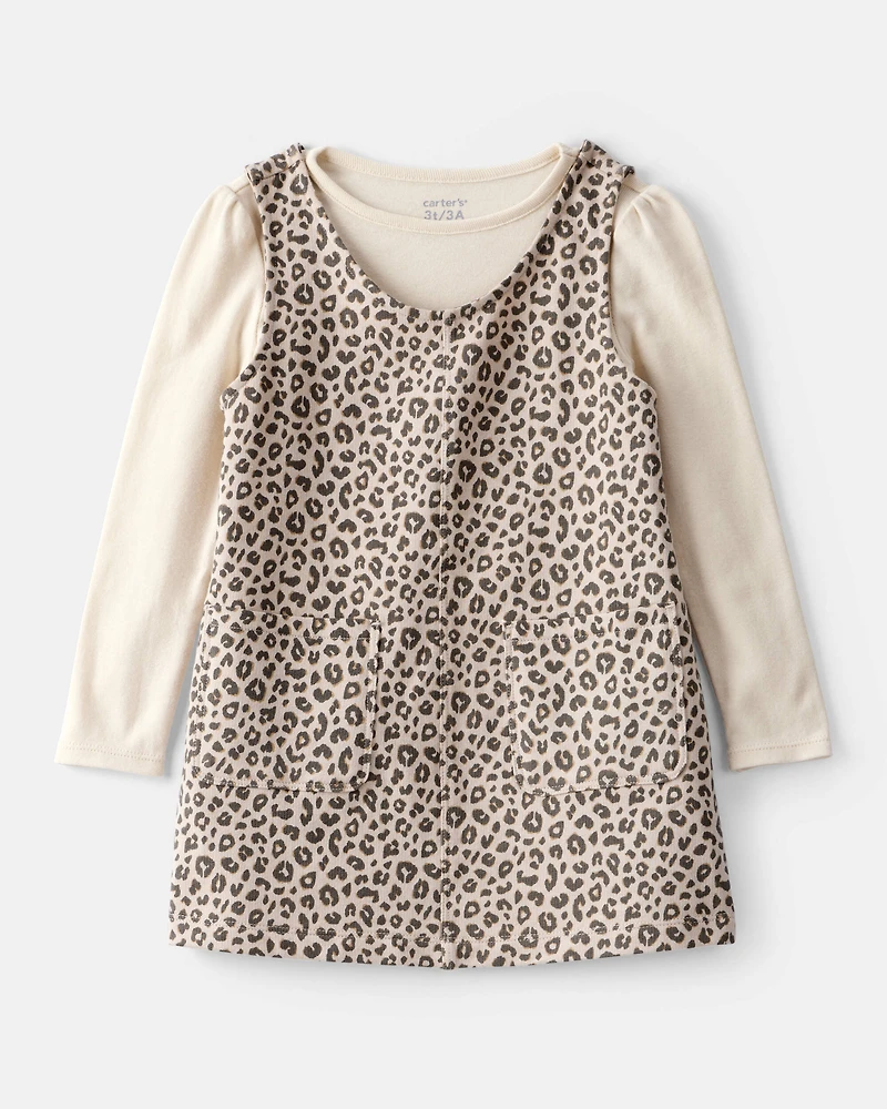 Toddler Girl 2-Piece Leopard Print Cotton Long-Sleeve Dress Set - Brown