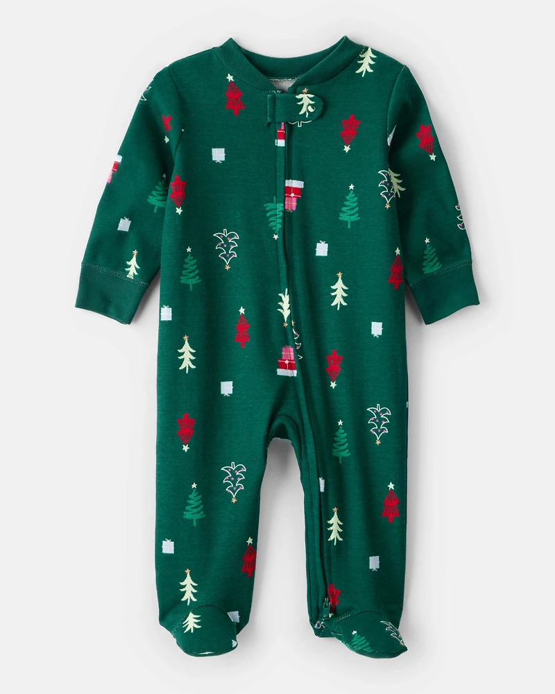 Baby Christmas Tree Print 100% Cotton Long-Sleeve Sleeper - Green