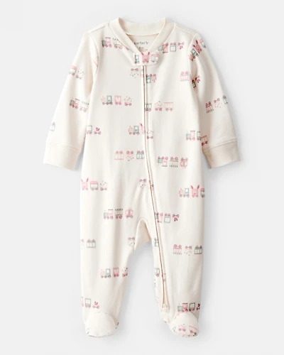 Baby Girl Train Print 100% Cotton Long-Sleeve Snug Fit Sleeper- White