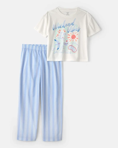 Girls Weekend Vibes' Striped Loose Fit 2-Piece Pyjama Set - Blue/Ivory