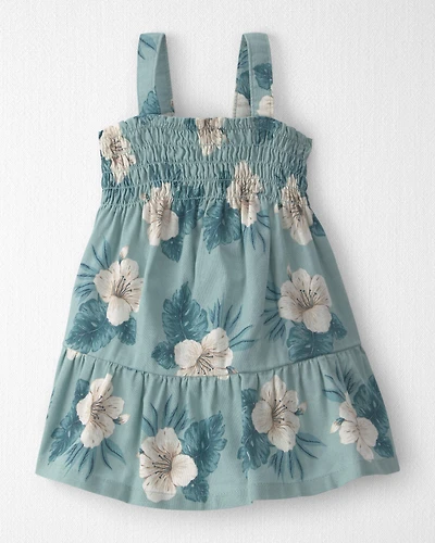 Baby Girl Smocked Linen Dress Made with Organic Cotton Blue Hibiscus