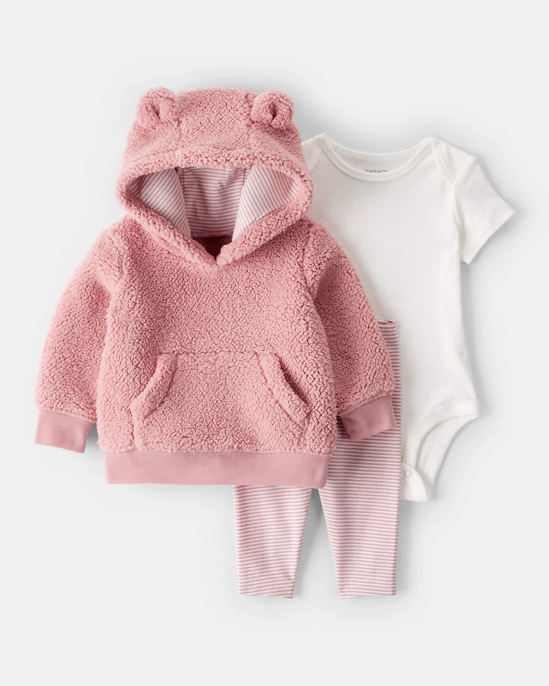 Baby Girl 3-Piece Bear Sherpa Long-Sleeve Bodysuit & Pant Set - Pink
