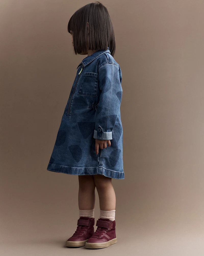 Toddler Girl Zip-Up Denim Shirt Dress with Shapes - Blue