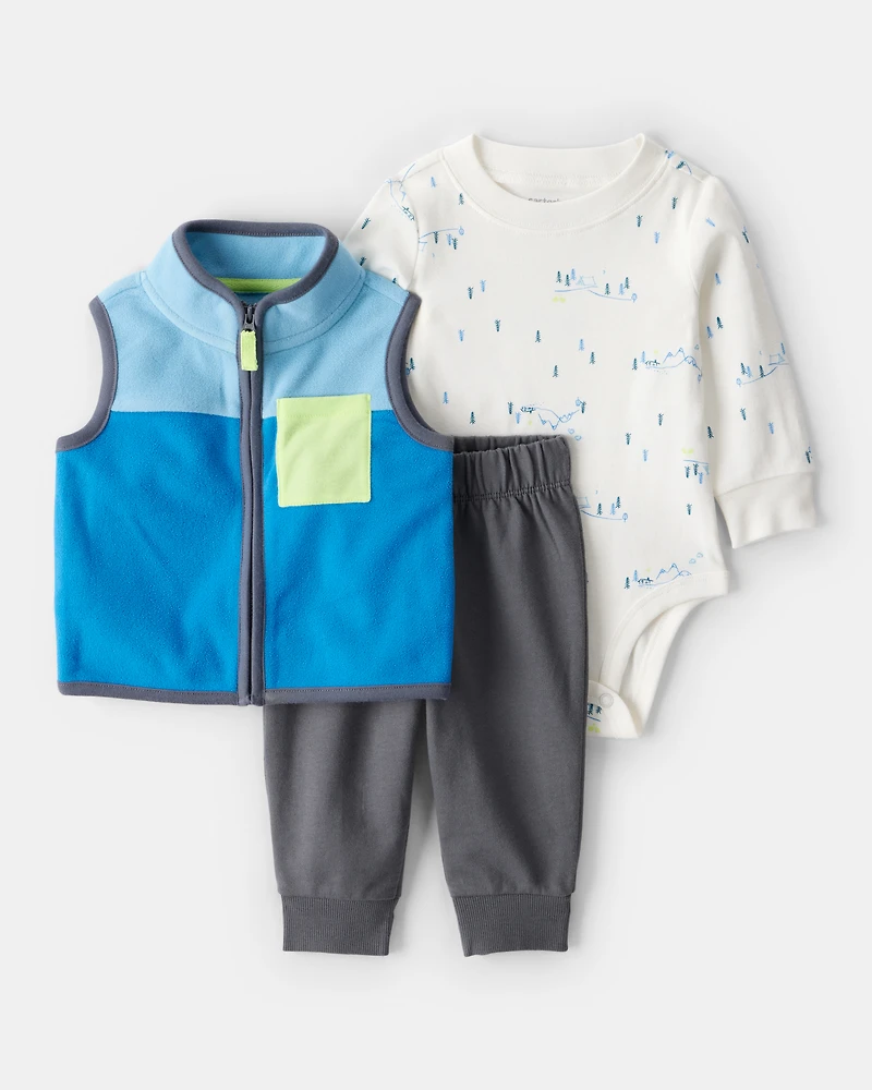 Baby Boy 3-Piece Fleece Vest Outfit Set - Blue