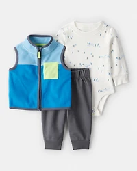 Baby Boy 3-Piece Fleece Vest Outfit Set - Blue