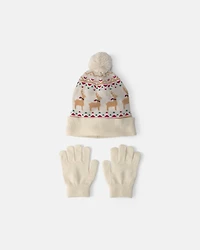 Kids 2-Piece Fair Isle Christmas Beanie & Glove Set - Cream