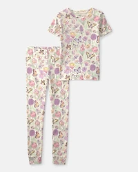 Girls Butterfly 100% Cotton Snug Fit 2-Piece Pajama Set - Cream