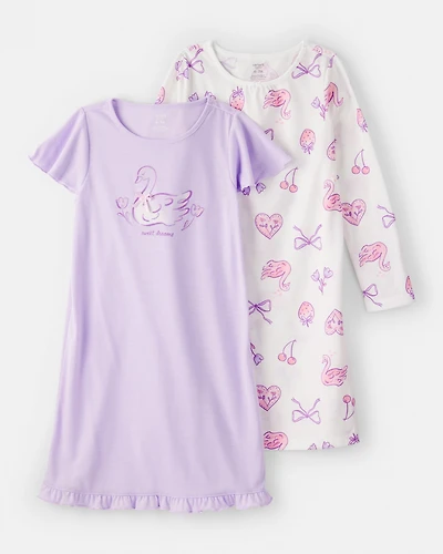 Girls Swan Floral Loose Fit Night Gown - Purple/White