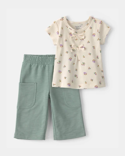 Baby Girl 2-Piece Flower Top & Pant Set – Cream/Green
