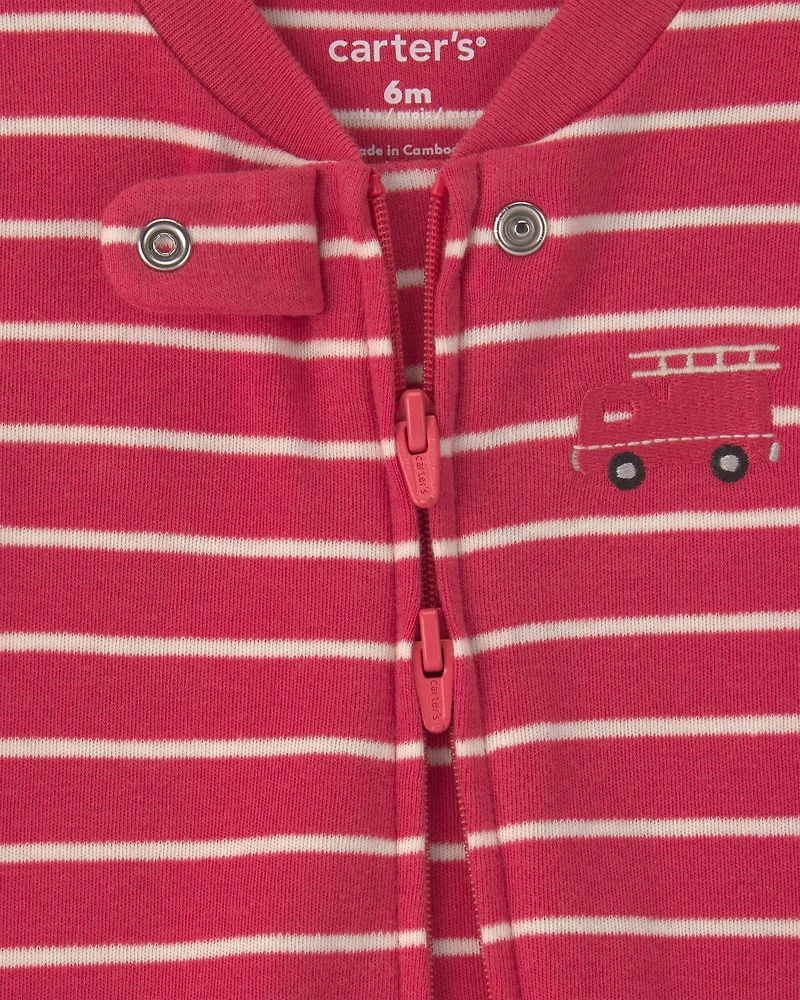 Baby Boy Firetruck Striped 100% Cotton 2-Way Zip Sleeper - Red