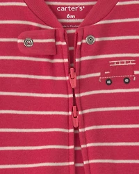 Baby Boy Firetruck Striped 100% Cotton 2-Way Zip Sleeper - Red