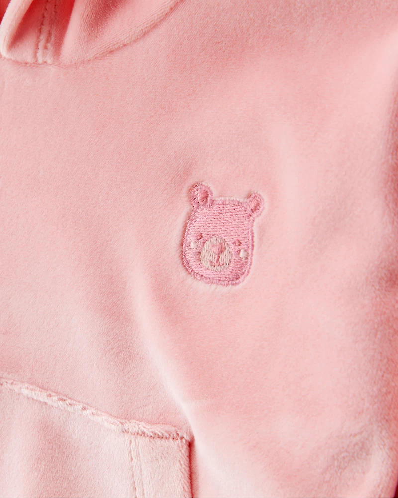 Baby Girl Bear Velour Hoodie & Pant Set - Pink