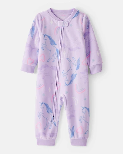 Baby Girl Unicorn Print Loose Fit Long-Sleeve 2-Way Zip 1-Piece pyjamas - Purple