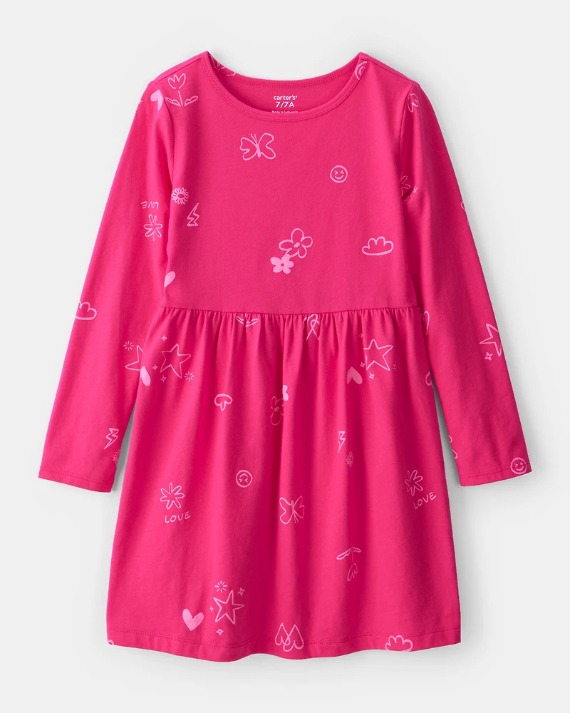 Girls Doodle Print Long-Sleeve Dress - Pink