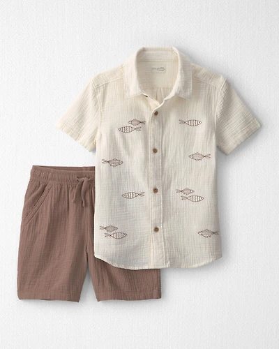Boys 2-Piece Organic Cotton Gauze Embroidered Top & Short Set