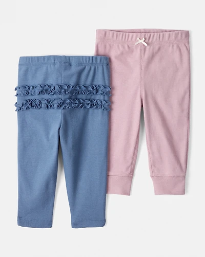 Baby Girl 2-Pack 100% Cotton Pull-On Pants - Blue/Pink