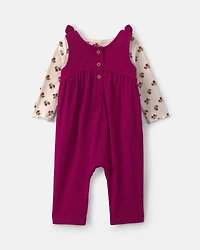 Baby Girl 2-Piece Floral Overall Set - Maroon/Ivory