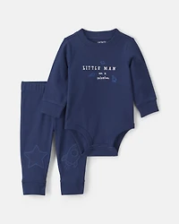 Baby Boy 2-Piece 'Little Man On a Mission' Space Long-Sleeve Bodysuit & Pant Set - Navy Blue