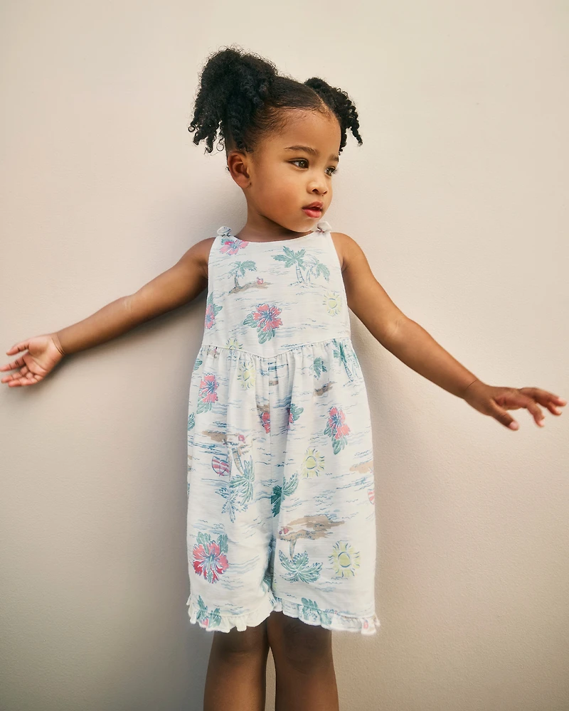Toddler Girl Tropical Beach Sleeveless Romper - Ivory