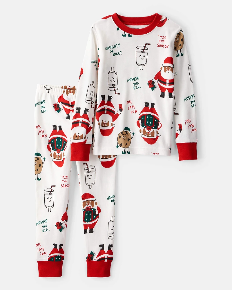 Toddler Brown Santa Milk & Cookies 100% Cotton Long-Sleeve Snug Fit 2-Piece Pyjamas - White