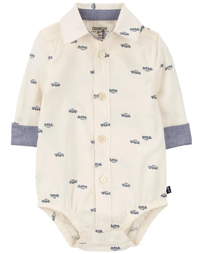 Baby White Truck Print Button-Front Bodysuit