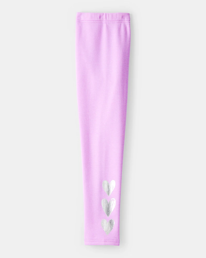 Girls Metallic Heart Pull-On Stretch Cozy Leggings - Purple