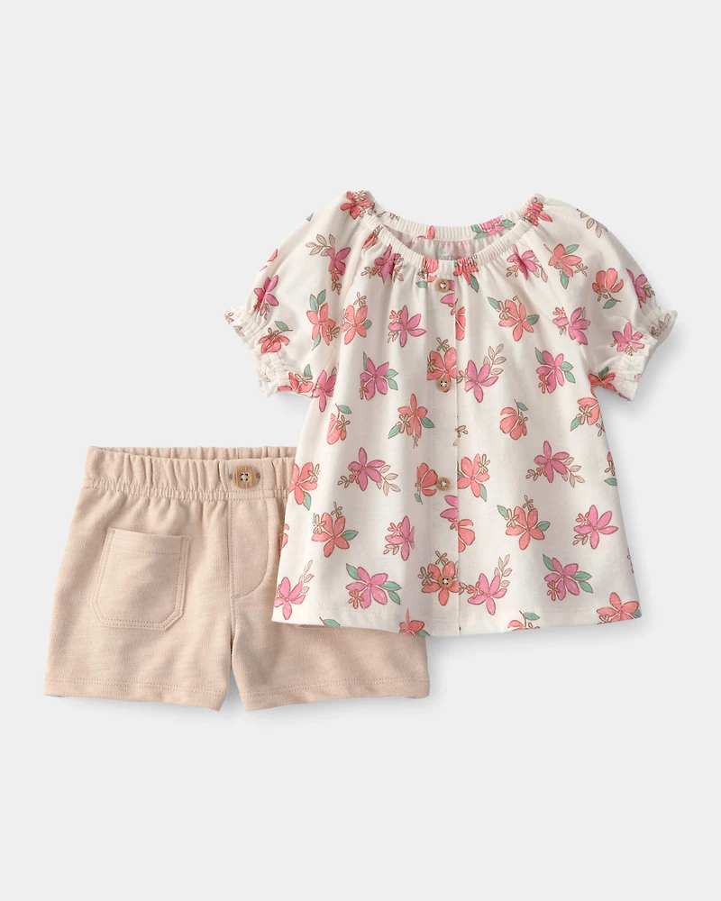 Baby Girl 2-Piece Floral Top & Short Set - Cream/Tan