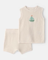 Baby 2-Piece Sailboat Crochet Top & Short Set - Cream