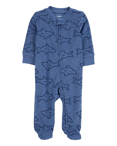 Baby Shark Print 2-Way Zip Terry Sleeper Pyjamas - Navy