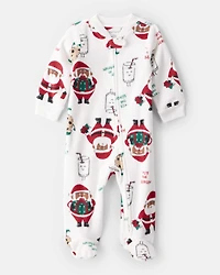 Baby Santa Print Loose Fit Fleece Long-Sleeve Sleeper - White