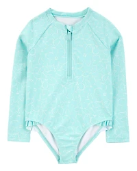 Toddler Girl 1- Piece Floral Long-Sleeve Rashguard Swimsuit - Blue