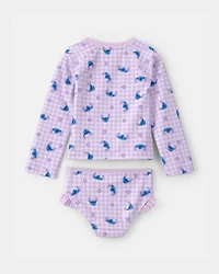 Toddler Girl 2-Piece Disney© Lilo & Stitch Gingham Long-Sleeve Rashguard Swimsuit Set - Purple