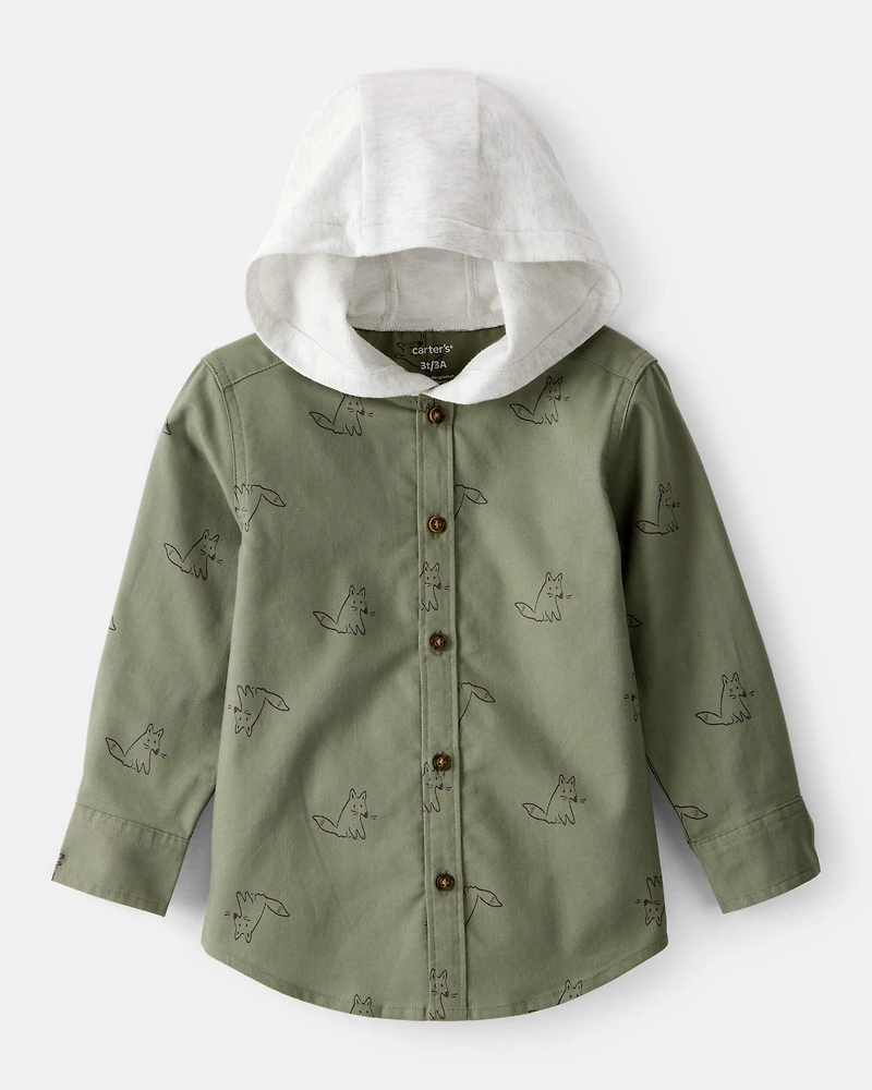 Toddler Boy Racoon Print Cotton Long-Sleeve Hooded Button-Down Shirt - Green