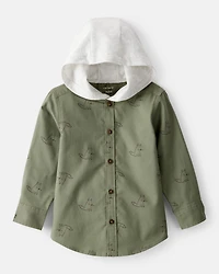 Toddler Boy Racoon Print Cotton Long-Sleeve Hooded Button-Down Shirt - Green
