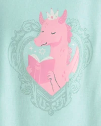 Toddler Girl Fairy Tale Dragon 100% Cotton Short-Sleeve Snug Fit 4-Piece pyjama Set - Blue/Ivory