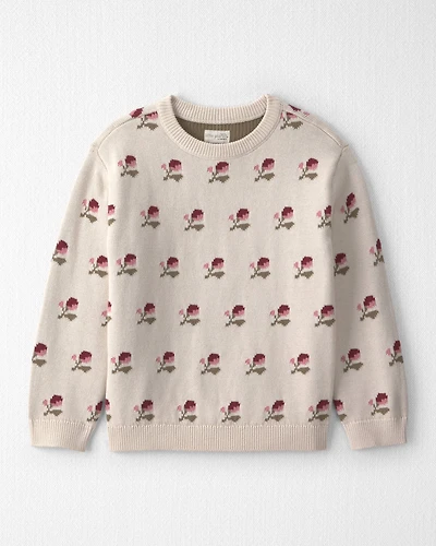 Girls Organic Cotton Sweater Knit Pullover Floral Jacquard