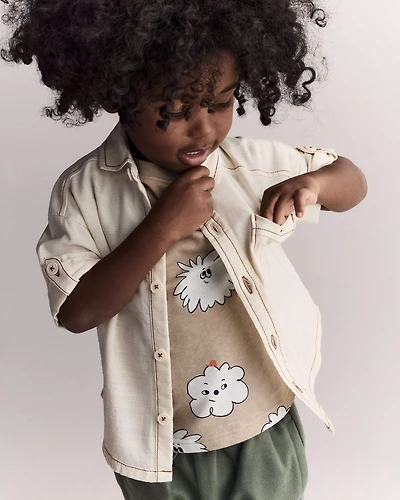 Toddler Boy Button-Down Short Sleeve Shirt - Cream