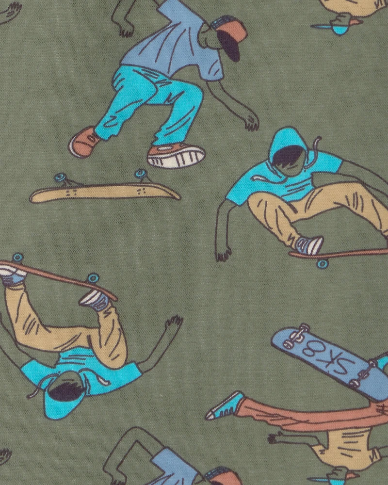 Boys Skateboard Cotton Short-Sleeve Snug Fit 4-Piece pyjama Set - Green/Brown