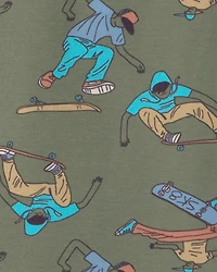 Boys Skateboard Cotton Short-Sleeve Snug Fit 4-Piece pyjama Set - Green/Brown