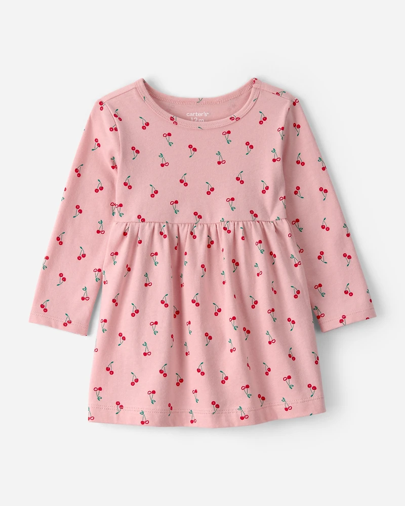 Baby Girl Cherry Long-Sleeve Knit Dress - Pink