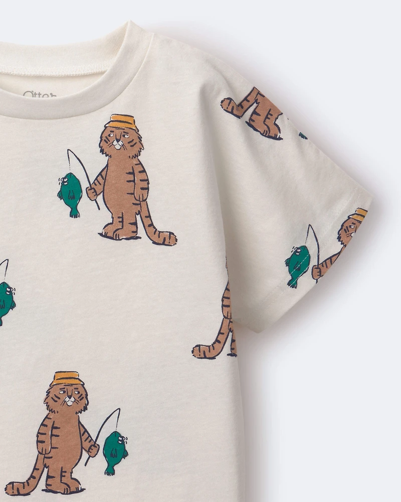 Toddler Dolman Tee Fishing Tiger Print - Cream